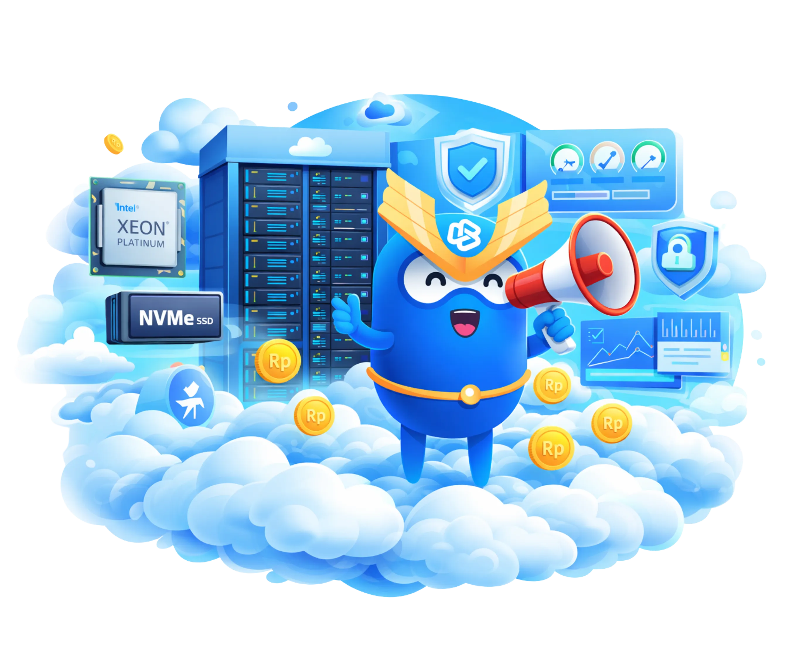 Ilustrasi infrastruktur: server, domain, keamanan, dan dukungan 24 jam
